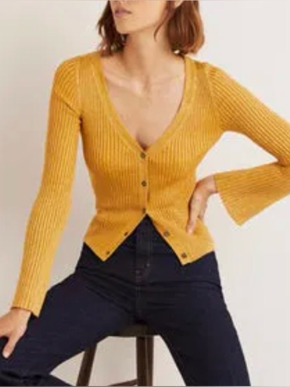 Boden Mustard Gold Metallic Ribbed V-Neck Button Cardigan, sz L